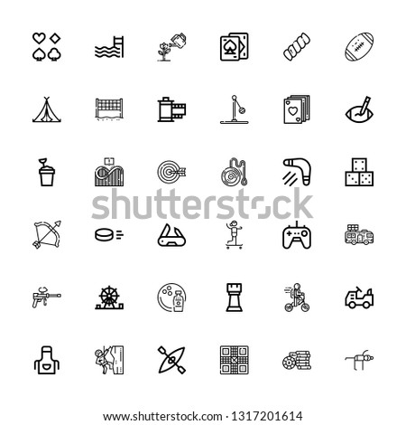 Editable 36 leisure icons for web and mobile. Set of leisure included icons line Yoga, Casino chip, Game, Kayak, Climbing, Apron, Mower, Bike, Rook, Bowling on white background