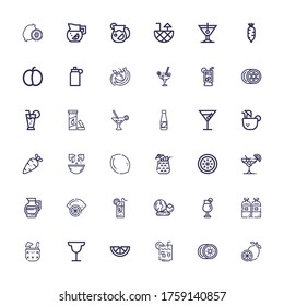 Editable 36 lemon icons for web and mobile. Set of lemon included icons line Lemon, Kiwi, juice, Cocktail, Alcoholic drink, Vegetables, Lemonade, Coconut drink on white background