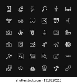 Editable 36 lens icons for web and mobile. Set of lens included icons line Glasses, Telescope, Photography, Camera, Eye, Photo, Searching, Search, Diaphragm on black background