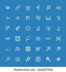 Editable 36 lens icons for web and mobile. Set of lens included icons line Photo, Search, Camera, Magnifying glass, Zoom out, Detective, Photography, Sunglasses on blue background