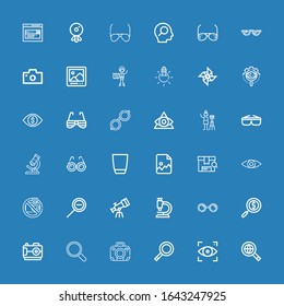 Editable 36 lens icons for web and mobile. Set of lens included icons line Searching, Focus, Magnifying glass, Photo camera, Magnifier, Camera, Sunglasses, Microscope on blue background