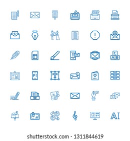 Editable 36 letter icons for web and mobile. Set of letter included icons line Typography, Note, Contact, Envelope, Email, Pen, Message, Invitation, Literature on white background