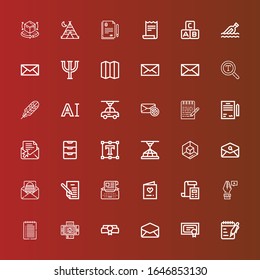 Editable 36 letter icons for web and mobile. Set of letter included icons line Notes, Diploma, Email, Bill, Note, Anchor point, Invitation, Typewriter, Letter, d cube, d on red