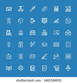 Editable 36 letter icons for web and mobile. Set of letter included icons line Email, Letter, Bill, Notes, Co, d, Font, Signature, Note, Paper, Inbox, Symbol on blue background