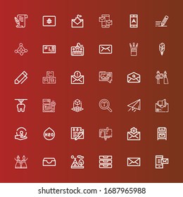 Editable 36 letter icons for web and mobile. Set of letter included icons line Mail, Inboxes, Tipi, Inbox, Wedding, Postbox, Mailbox, Note, H o, Spell, Email, Send, Font on red