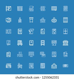 Editable 36 library icons for web and mobile. Set of library included icons line Ebook, School, Book, Nightstand, Books, Lesson, Magazine, Abc, Library, Cabinet on blue background