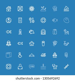 Editable 36 life icons for web and mobile. Set of life included icons line Genetic, Medical insurance, Underwater, Mom, Salesman, Lifesaver, Blood donation on blue background