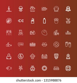 Editable 36 life icons for web and mobile. Set of life included icons line Lifesaver, Shark, Sea urchin, Ladybird, Coral, Fish, Plant, Hemoglobin, Emergency sign, Gas mask on red