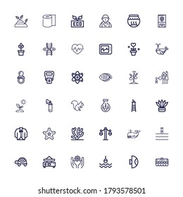 Editable 36 íconos de vida para web y móvil. Conjunto de vida incluido íconos línea Huevo, Pescado, Boya, Espiritual, Equilibrio, Tortuga, Subacuático, Ballena, Coral, Starfish sobre fondo blanco