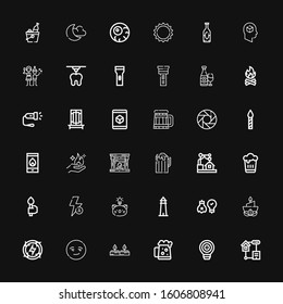 Editable 36 light icons for web and mobile. Set of light included icons line Smart home, Idea, Dark beer, Candles, Smart, Energy, Candle, Ideas, Lighthouse on black background