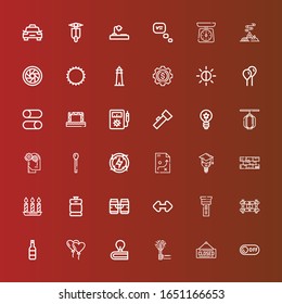 Editable 36 light icons for web and mobile. Set of light included icons line Off, Closed, Torch, Idea, Balloon, Beer, Wall bracket, Flashlight, Resize, Beer keg, Candles on red