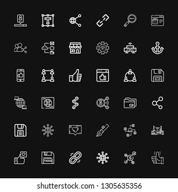 Editable 36 link icons for web and mobile. Set of link included icons line Thumbs up, Network, Networking, Link, Diskette, Like, Router, Anchor, Share, Data on black background