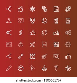 Editable 36 link icons for web and mobile. Set of link included icons line Network, Hdmi port, Anchor, Merge, Thumb up, Seo, Chain, Text editor, Broken link, Share, Connect on red
