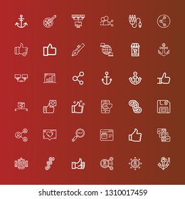 Editable 36 link icons for web and mobile. Set of link included icons line Anchor, Share, Like, Chain, Ui, Data, Thumb up, Web page, Search engine, Network, Diskette, Chains on red