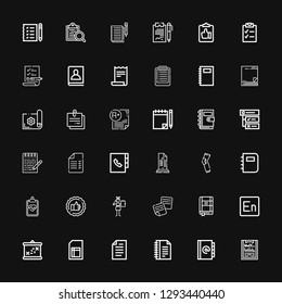 Editable 36 list icons for web and mobile. Set of list included icons line Clipboard, Agenda, Notes, Paper, Sheet, Boarding, Encore, Contact list, Notebook on black background