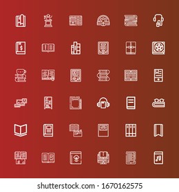 Editable 36 literature icons for web and mobile. Set of literature included icons line Audiobook, Ebook, Book, Guide book, Bookmark, Books, Workbook, Bookcase, Bookshelf on red