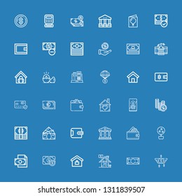 Editable 36 loan icons for web and mobile. Set of loan included icons line Money, Real estate, Money tree, Wallet, Courthouse, Card, Home, Cash, Cash register on blue background