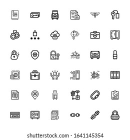 Editable 36 lock icons for web and mobile. Set of lock included icons line Lock, Seat belt, File, Safebox, Key card, Carabiner, Smart home, Suitcase, Navigation on white background