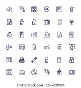 Editable 36 lock icons for web and mobile. Set of lock included icons line Safebox, Padlocks, File, Unlock, Suitcase, Locker, Door, Doorknob, Seat belt, Lock on white background