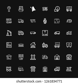 Editable 36 logistic icons for web and mobile. Set of logistic included icons line Warehouse, Delivery truck, Trailer, Carriage, Storehouse, Side up, Container on black background
