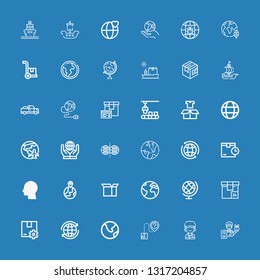 Editable 36 logistics icons for web and mobile. Set of logistics included icons line Delivery man, Courier, Package, Earth, World, Earth globe, Global, Worldwide on blue background