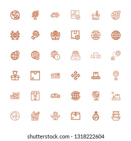 Editable 36 logistics icons for web and mobile. Set of logistics included icons line Container, Earth globe, Package, World, Earth, Ship, Pick up, Logistics on white background