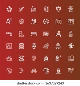 Editable 36 logo icons for web and mobile. Set of logo included icons line Beach, Lighthouse, Funds, Bicycle, Shuriken, Eco, Boxing gloves, Spray, Pagoda, Boil, Volcano on red