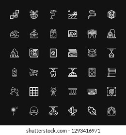Editable 36 logotype icons for web and mobile. Set of logotype included icons line Arch, Oak leaf, Eagle, d, Dandelion, Keyboard, Pendulum, Ant, Blanket, Cheers on black background