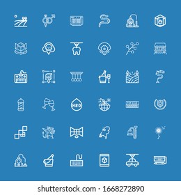 Editable 36 logotype icons for web and mobile. Set of logotype included icons line Keyboard, d, Ice bucket, Vacuum, Dandelion, Holland, Dragon, Mosaic, Emblem on blue background
