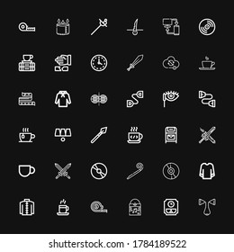 Editable 36 long icons for web and mobile. Set of long included icons line Chest expander, Wall clock, Vinyl, Measuring tape, Coffee cup, Kimono, Sweatshirt on black background