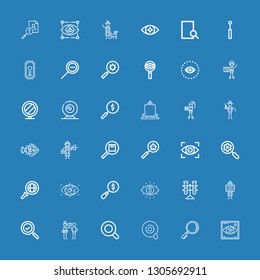Editable 36 look icons for web and mobile. Set of look included icons line Visibility, Search, Eye, Magnifying glass, Detective, Tubes, Vision, Clown fish, Explorer on blue background
