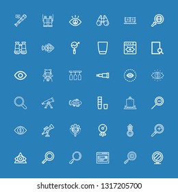 Editable 36 look icons for web and mobile. Set of look included icons line Mirror, Magnifying glass, Search, Eye, Zoom, Webcam, View, Telescope, Vision, Zoom out on blue background
