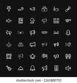 Editable 36 loud icons for web and mobile. Set of loud included icons line Volume, Speaker, Megaphone, Bell, Loudspeaker, Alarm, Ear, Bells, Audio, Amplifier on black background