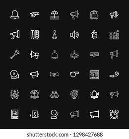 Editable 36 loud icons for web and mobile. Set of loud included icons line Alarm, Megaphone, Speaker, Bell, Speakers, Propaganda, Bells, Loudspeaker, Party whistle on black background