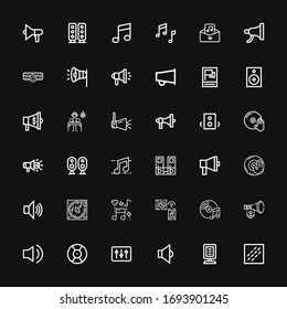 Editable 36 loudspeaker icons for web and mobile. Set of loudspeaker included icons line Noise, Announcer, Speaker, DJ, Audio, Megaphone, Music, Dj music, Speakers on black background