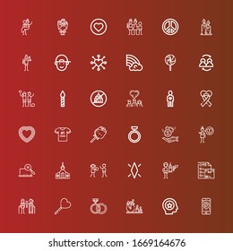 Editable 36 love icons for web and mobile. Set of love included icons line Charity, Favorite, Candle, Rings, Lollipop, Couple, Wishlist, Feeder, Diamond, Human rights, Church on red