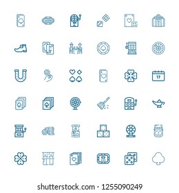 Editable 36 luck icons for web and mobile. Set of luck included icons line Clover, Dice, Poker table, Poker, Ireland, Leprechaun, Roulette, Claw machine, Casino chip on white background