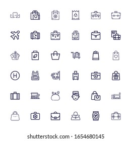 Editable 36 luggage icons for web and mobile. Set of luggage included icons line Briefcase, Bag, Handbag, Case, Bus stop, Shopping bag, Bellboy, Purse, Suitcase on white background