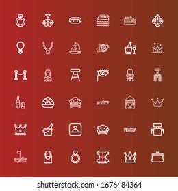 Editable 36 luxury icons for web and mobile. Set of luxury included icons line Purse, Crown, Leather, Ring, Nails, Boat, Desk chair, Sofa, Ice bucket, Curtain, Pearl, Lipstick on red