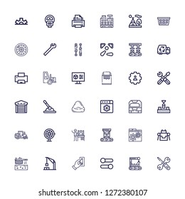 Editable 36 machine icons for web and mobile. Set of machine included icons line Settings, Robot arm, Insert coin, Harbor crane, Fryer, Robot, d printing, Roulette on white background