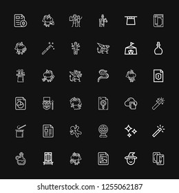 Editable 36 magic icons for web and mobile. Set of magic included icons line Tarot, Witch, File, Unicorn, Trick, Elixir, Magic wand, Shines, Tesla ball, Voodoo on black background