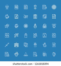 Editable 36 magic icons for web and mobile. Set of magic included icons line Unicorn, Magician, File, Witch hat, Witch, Elixir, Magic, Tarot, Dragon, Magic wand on blue background