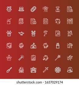 Editable 36 magic icons for web and mobile. Set of magic included icons line Spell, Pagan, Magic wand, Dragon, Dracula, Broomstick, Unicorn, File, Circus, hat on red