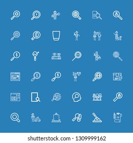 Editable 36 magnifier icons for web and mobile. Set of magnifier included icons line Review, Control, Detective, Magnifying glass, Search, Study, Screen, Magnifier on blue background