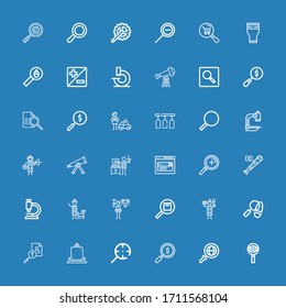 Editable 36 magnify icons for web and mobile. Set of magnify included icons line Search, Magnifying glass, Detective, Microscope, Telescope, Zoom, Glass, Searching on blue background