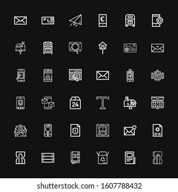 Editable 36 mail icons for web and mobile. Set of mail included icons line Sharpener, Text lines, Box, Contact list, File, Email, Metro, Smartphone, Watercolor on black background