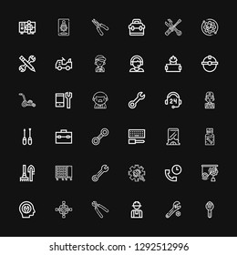 Editable 36 maintenance icons for web and mobile. Set of maintenance included icons line Wrench, Worker, Pliers, Cross wrench, Fixed, Mechanics, Support, Maintenance on black background
