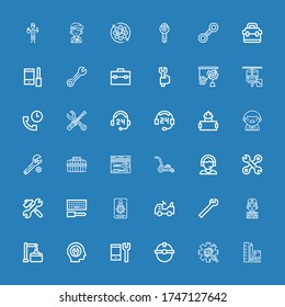 Editable 36 maintenance icons for web and mobile. Set of maintenance included icons line Tools, Maintenance, Worker, Configuration, Fixed, Mechanic, Wrench on blue background