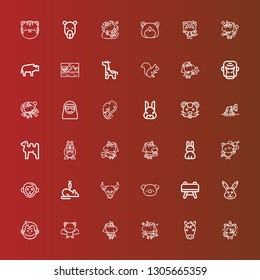 Editable 36 mammal icons for web and mobile. Set of mammal included icons line Kitty, Horse, Unicorn, Bat, Monkey, Rabbit, Buck, Koala, Buffalo, Rat, Hamster, Camel, Whale on red