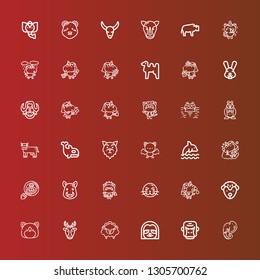 Editable 36 mammal icons for web and mobile. Set of mammal included icons line Elephant, Gorilla, Sloth, Sheep, Deer, Hamster, Hedgehog, Unicorn, Sea lion, Kitty, Boar on red